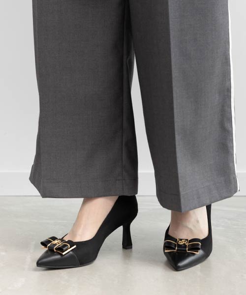 【SALE】【走れる美脚パンプス】コンビマテリアルリボンフィットパンプス