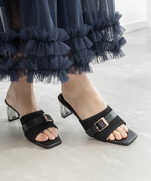 【SUSTAINABLE】ベルトデザインニットミュールサンダル